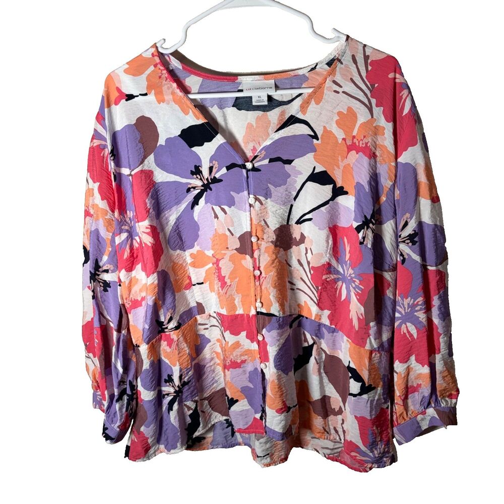 Liz Claiborne Blouse Women's XL V-Neck Button Up Colorful 3/4 Sleeve Boho Top